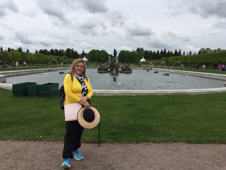Deanna at front Peterhof fountain